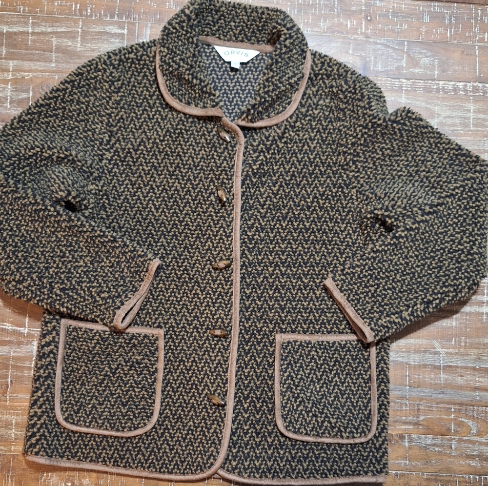 Vtg Orvis Fleece Wood Toggle Woman's Large Jacket Warm Thermal Deep Pile Sherpa‎